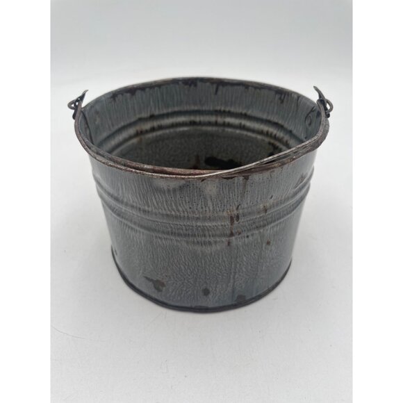 Vintage Rustic Metal Berry Bucket Planter Decor With Handle & Patina Gray Enamel - Picture 3 of 7